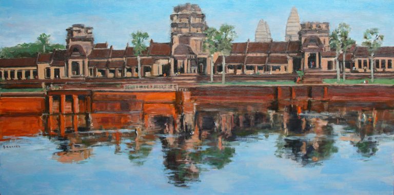 Cambodge - Angkor Vat se reflétant dans les douves- Paysage - Peinture à l'acrylique et huile sur toile réalisée en atelier