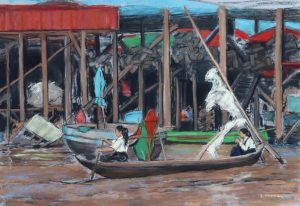 Cambodge Scene de vie sur le Tonle Sap - En bateau vers l'école - Pastels sec