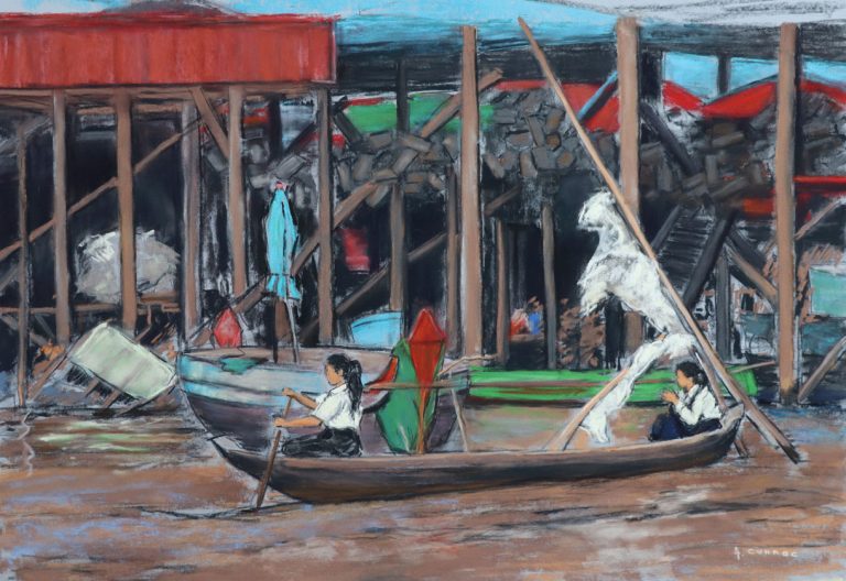 Cambodge Scene de vie sur le Tonle Sap en bateau vers l'école