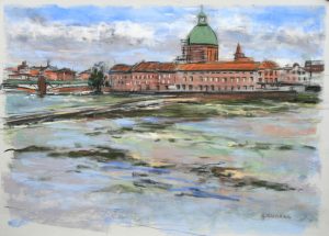 Toulouse La Grave depuis la digue du Bazacle en été Pastel sec