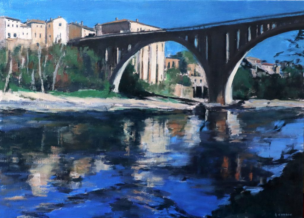 Rabastens - Le pont se reflétant dans le Tarn - Peinture à l'huile sur toile