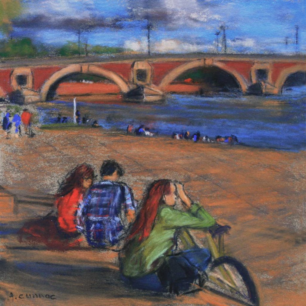 Toulouse - Scène de vie sur les quais de Garonne - Pastel