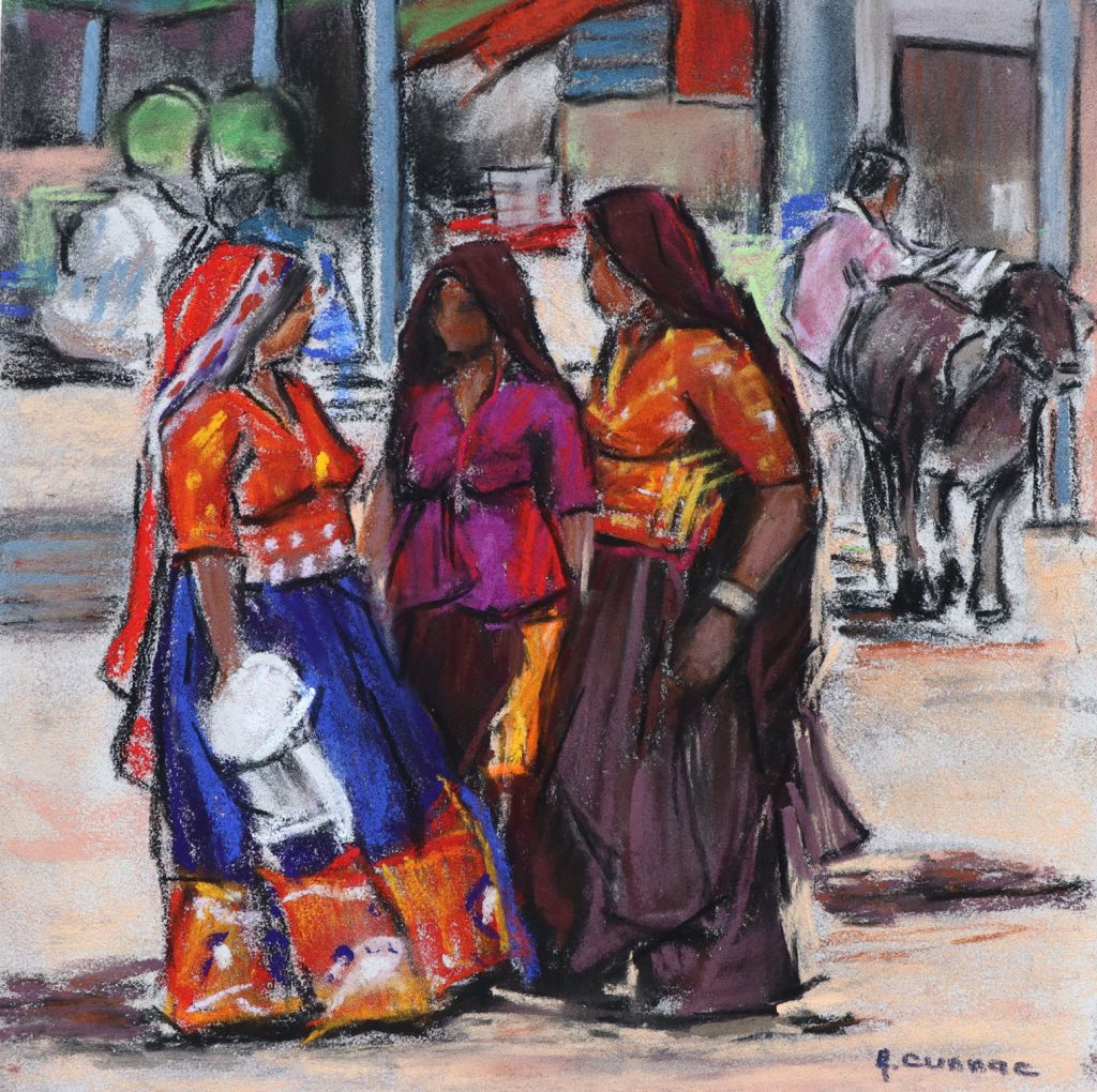 Scène de vie du Rajasthan en Inde - pastel sec sur papier