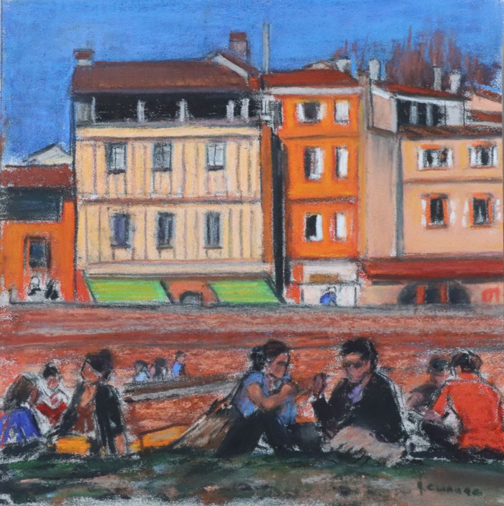 Toulouse--Instants de vie-au-pied-de-la-place-de-la-Daurade - Pastel sec