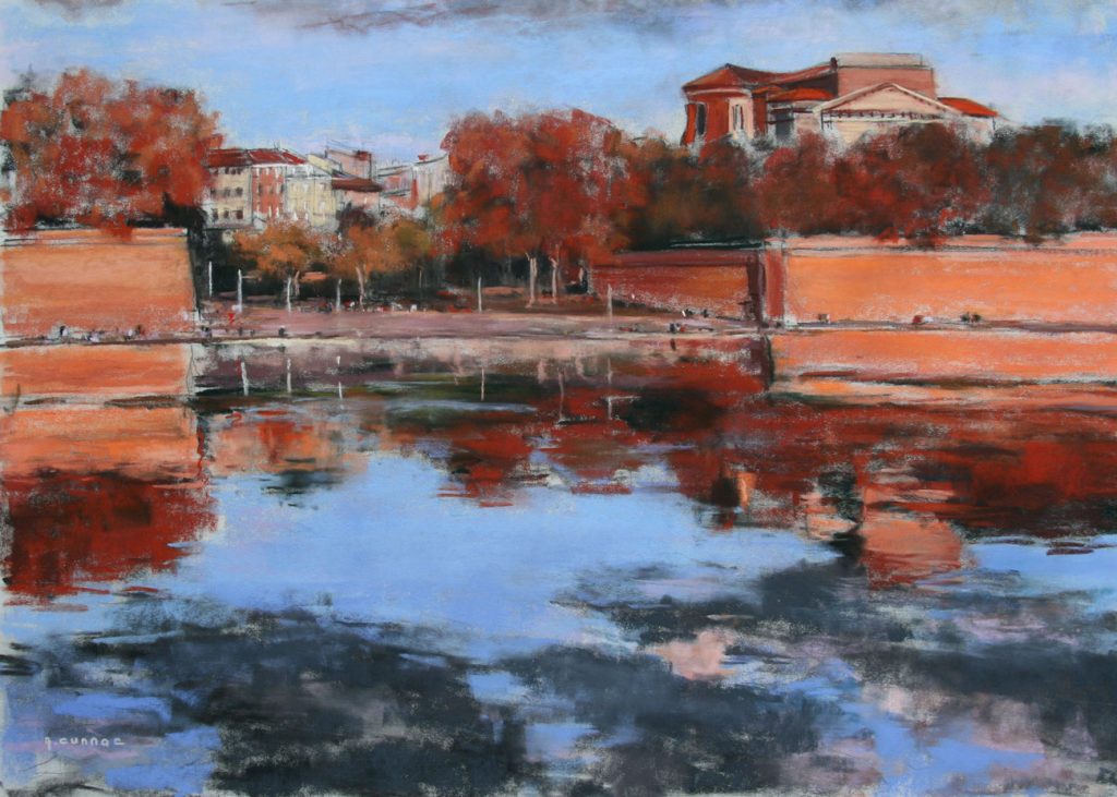 Toulouse, lumière d'hiver sur la Daurade - Paysage urbain poétique - Pastel sec sur papier.