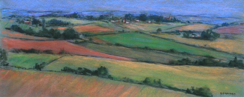 Campagne tarnaise - Paysage au pastel sec sur papier. Oeuvre réalisée en plein air sur le motif. Peinture figurative, impressionniste et contemporaine