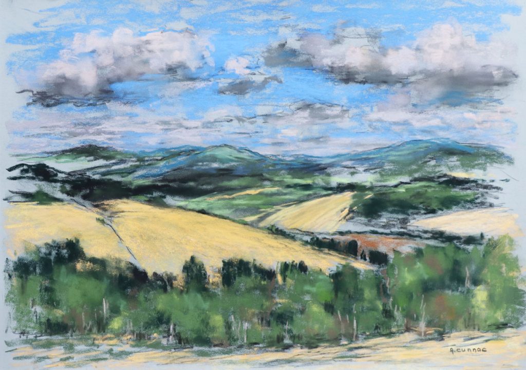 Paysage au pastel sec sur papier. Oeuvre réalisée en plein air sur le motif. Peinture figurative, impressionniste et contemporaine