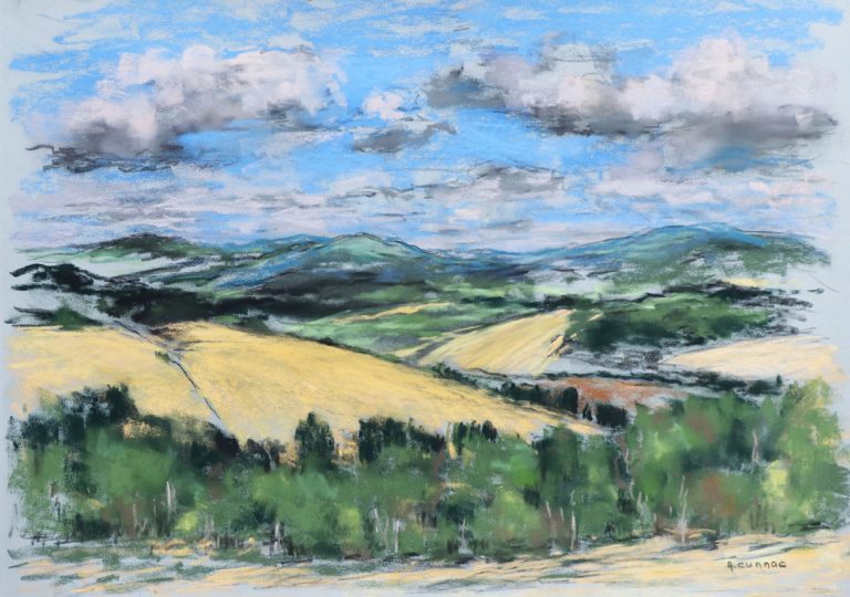 Paysage au pastel sec sur papier. Oeuvre réalisée en plein air sur le motif. Peinture figurative, impressionniste et contemporaine